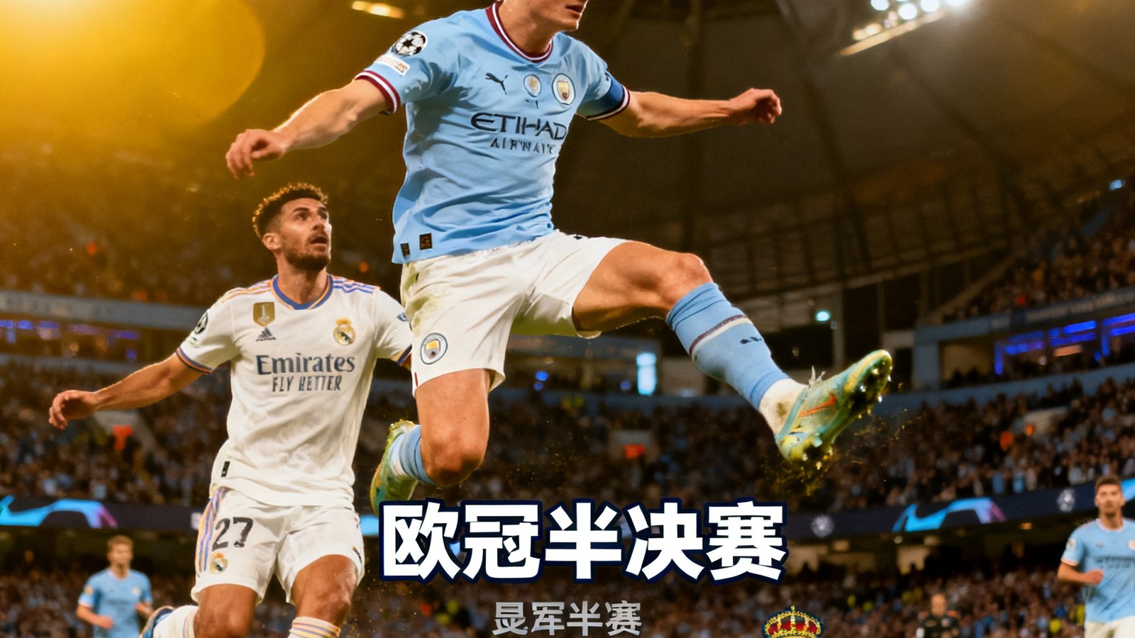 欧冠半决赛曼城vs皇马比分2比1，哈兰德头球攻门瞬间，伊蒂哈德球场灯光